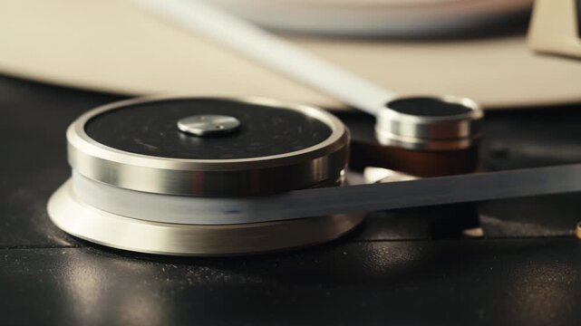 Tape audio music player, studio magnetic tape, vintage retro spool reel to reel player and recorder, magnetic tape data storage close up, music studio. 
