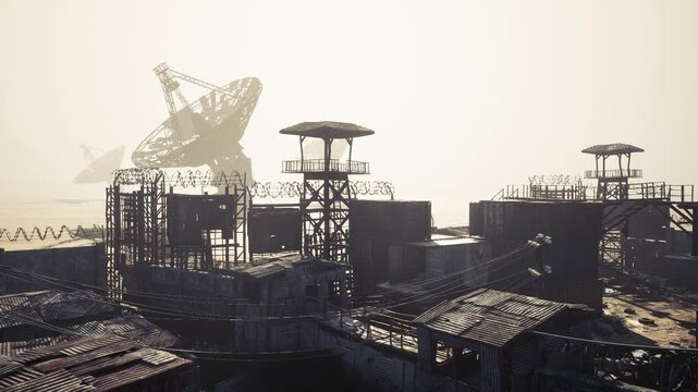 A vast, deserted industrial site features towering satellite dishes against a foggy backdrop. Rusting structures and barbed wire add to the eerie atmosphere, hinting at past activity.