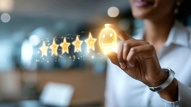 Abstract concept visualization of a customer satisfaction survey, a clean bright digital feedback panel showing five glowing star rating icons with a finger cursor selecting the