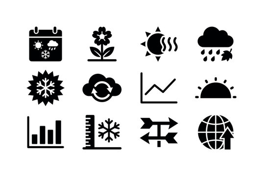 Yearly weather calendar icon, spring blossom forecast symbol, summer heat wave icon, autumn rain forecast symbol, winter frost
