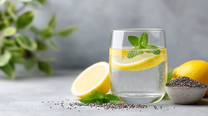 Fototapeta premium Refreshing glass of lemon water with mint leaves and chia seeds on a gray surface