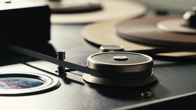 Tape audio music player, studio magnetic tape, vintage retro spool reel to reel player and recorder, magnetic tape data storage close up, music studio. 
