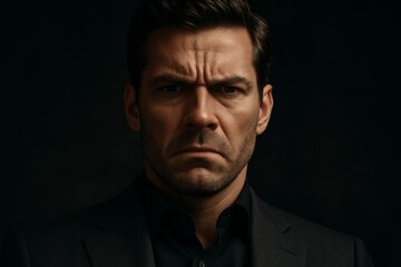 Obraz premium Serious businessman in dark suit with frowning face staring at camera, showing anger, frustration and strong negative emotion against black background.