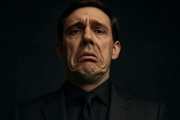 Fototapeta premium Young man in black suit making exaggerated sad face, humorous studio portrait expressing disappointment or disgust against dark background.