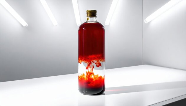 A thick-walled glass reagent bottle containing deep reddish-brown liquid bromine mixing and diffusing into a clear solvent, illustrating chemical properties on a laboratory bench.