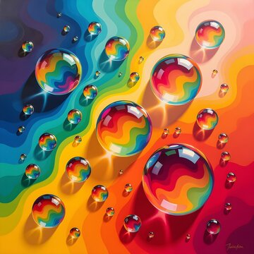 imagen compuesta de gotasmde agua atravesadas por luces en tonos de arcoiris con brillo y reflejo multicolor