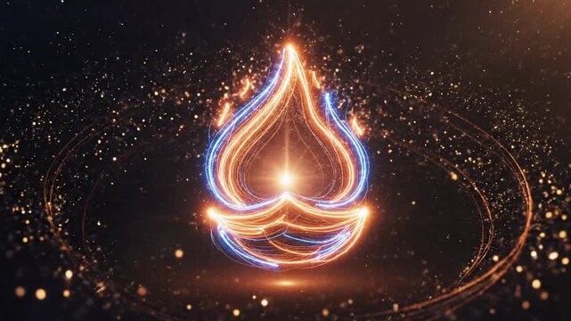 A vibrant, abstract digital art diya with glowing orange and blue light trails, symbolizing baisakhi on a dark, sparkling background.