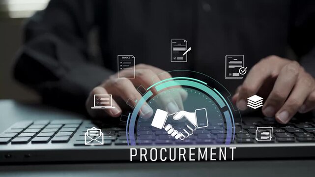 Digital procurement management system concept. Person typing keyboard with purchase order and supplier icons, automated purchasing workflow, vendor management and business procurement operations.