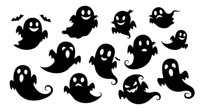 a diverse collection of spooky halloween ghost characters floating with various expressions on a white background ideal for design.