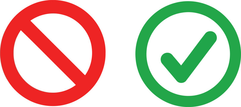 A red prohibition circle and a green check mark symbol isolated on a plain white background set Vector