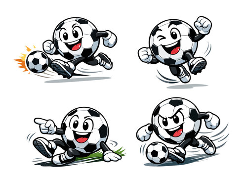 Collection of cute soccer ball cartoon mascots in motion. Dynamic football characters in playful sport poses.