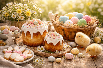 Fototapeta premium Easter celebration with baked goods and decorated eggs in a sunny garden setting during springtime