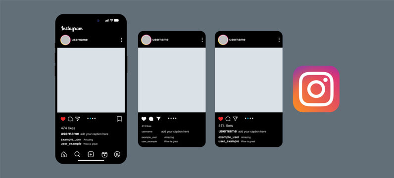 Instagram dark mode feed design with multiple post sizes and icons, professional social media profile for dark UI themes, digital networking platform interface with interaction buttons and captions