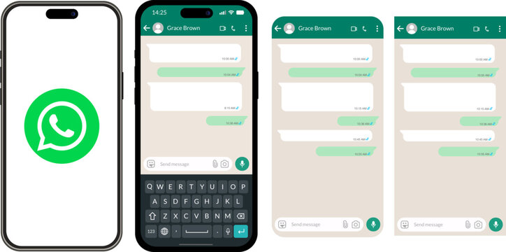 Mobile interface design set for WhatsApp, smartphones with chat windows and keyboard, professional user interface and user experience (UIUX) concept for applications