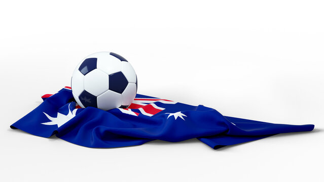 A soccer ball rests atop a draped Australian flag against a transparent background. The clean, 3D-rendered composition symbolizes Australian national sports, football pride, and team spirit.