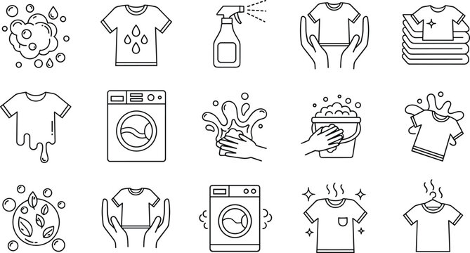 Laundry Icon Set featuring Washing Machine, Clothing Care, Stain Removal, Detergent Bubbles, Hand Wash, Drying Hanger, Clean Fabric, and Hygiene Symbols
