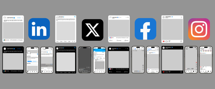 Overview of social media with brand logos, responsive interfaces for desktop and mobile devices, and complete templates for digital marketing platforms