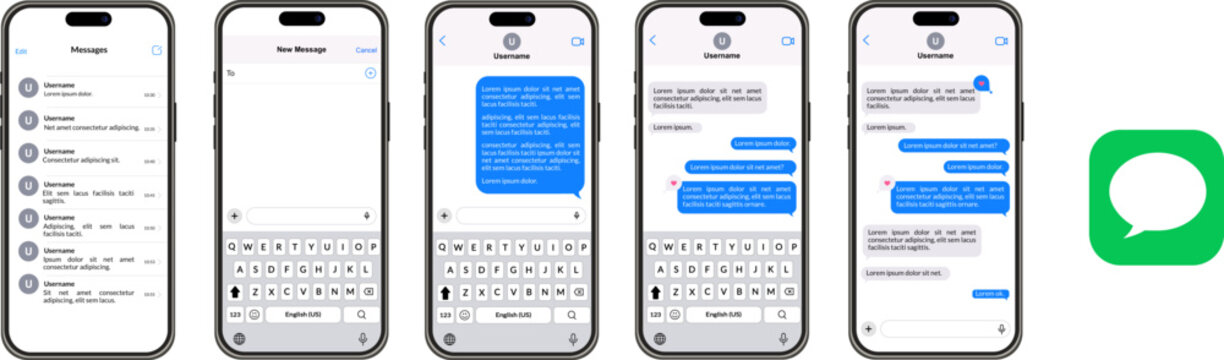 Smartphone messaging application interface, Apple iPhone screen with blue and gray text bubbles, mobile digital communication software design for iOS devices