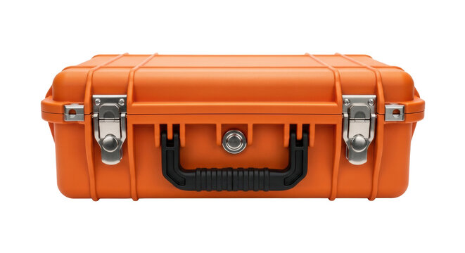 heavy-duty, bright safety orange, ruggedized equipment case with metallic clasps and black rubberized handle, isolated on a transparent background. concept of uncompromising security and durability