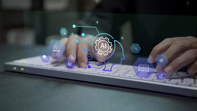 AI powered e-learning education concept. Person typing keyboard with AI assistant and learning icons, personalized online education, digital training programs and knowledge development.