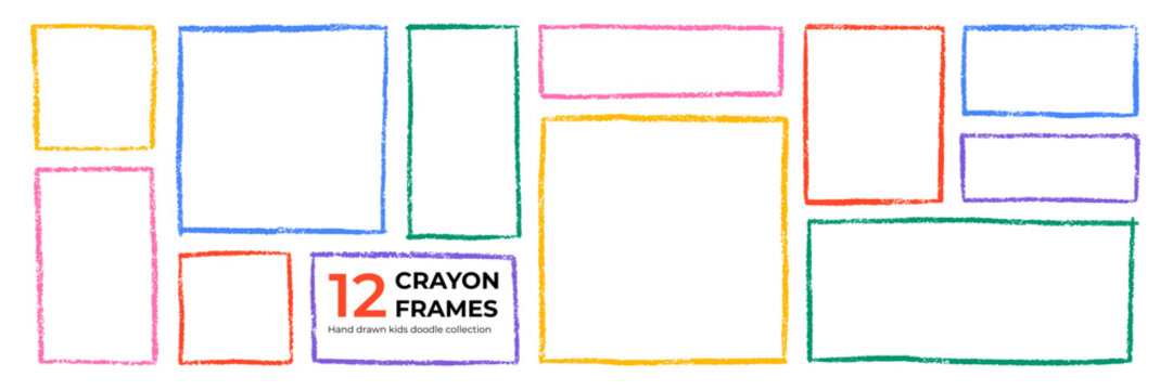 Frame chalk and text box set. Crayon kids color borders in sketch style, pencil rectangular and square shapes with grunge texture. Hand drawn vector illustration isolated on white background