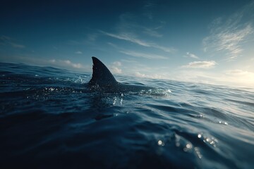 Fototapeta premium shark fin on surface of ocean agains blue cloudy sky