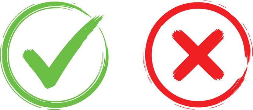 A green check mark and a red cross mark rendered with a rough textured brush stroke appearance Vector
