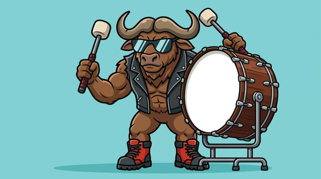 Cool Bull Rock Drummer Mascot Illustration with Sunglasses and Leather Jacket Playing Bass Drum