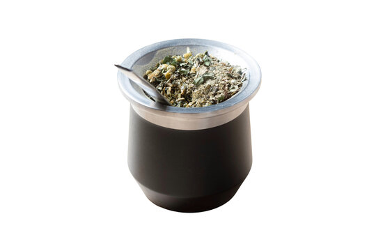 Modern Black Mate Gourd with Yerba Mate and Herbs Over Transparent Background