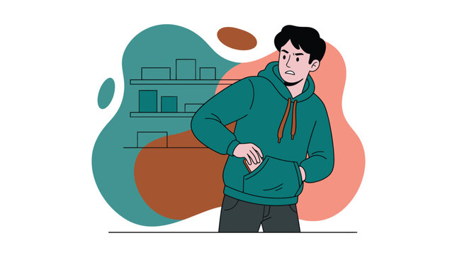 A young man in a green hoodie secretly puts something into his pocket, looking over his shoulder with a nervous and suspicious expression in a store setting.
