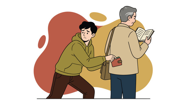 Young pickpocket attempts to steal wallet from unsuspecting older man reading a book, illustrating urban crime and social vulnerability.