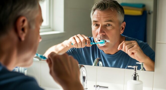 Man brushing teeth in bathroom reflected in mirror daily hygiene routine