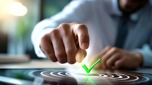 Close-up of a faceless businessman's hand from above pressing a glowing checkmark tick symbol on a bright clean digital document interface, the tick appearing as a vivid green