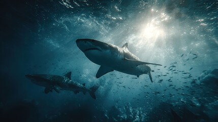 Obraz premium Group of sharks swimming under turbulent ocean surface with bright sunlight