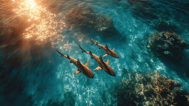 Overhead view of a shark pack swimming in crystal clear turquoise ocean water