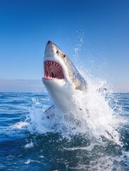 Naklejka premium Great white shark leaping out of the water with open jaws