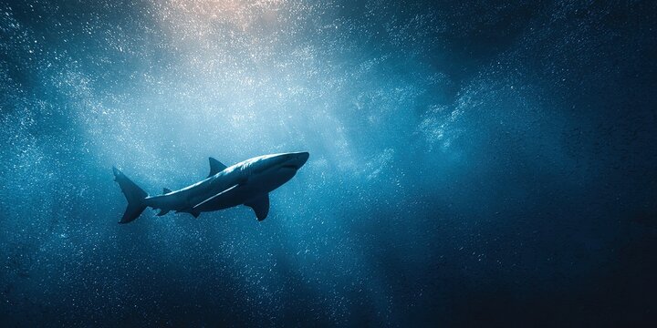 Minimalist underwater shot of a shark swimming in the deep blue abyss