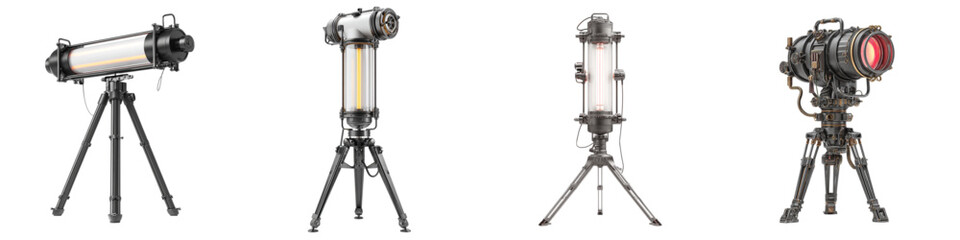 Fototapeta premium 3D Vintage Telescope on Tripod Set Retro Optical Instrument Astronomy Observation Equipment Collection Isolated on transparent background