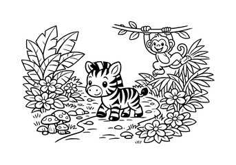 Fototapeta premium Little zebra walking along a jungle path surrounded by large tropical leaves, blooming flowers, a friendly monkey swinging from a