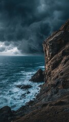 Obraz premium Dramatic Stormy Ocean and Rugged Cliffs with Crashing Waves