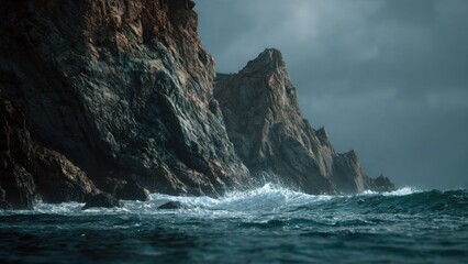 Dramatic Waves Crashing Against Rugged Sea Cliffs Under Stormy Sky