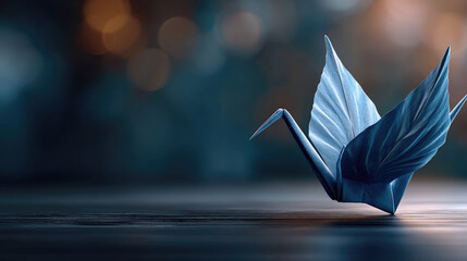 Blue leaf folded into an origami crane symbolizing peace, hope and remembrance, resting on a reflective dark surface with soft bokeh for a contemplative mood