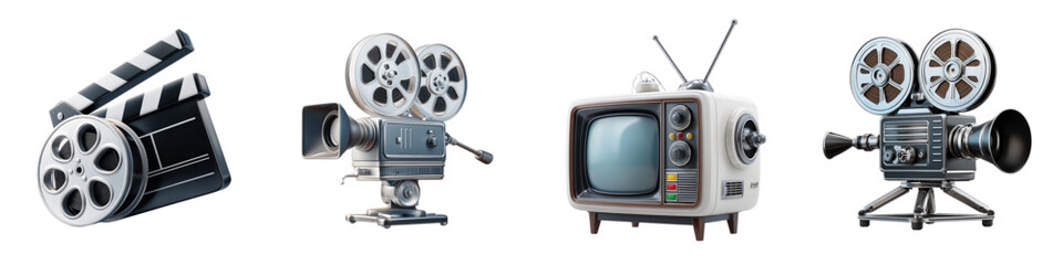 Obraz premium 3D Vintage Cinema Camera and Retro TV Icon Set Classic Film Production Media Equipment Collection Isolated on transparent background