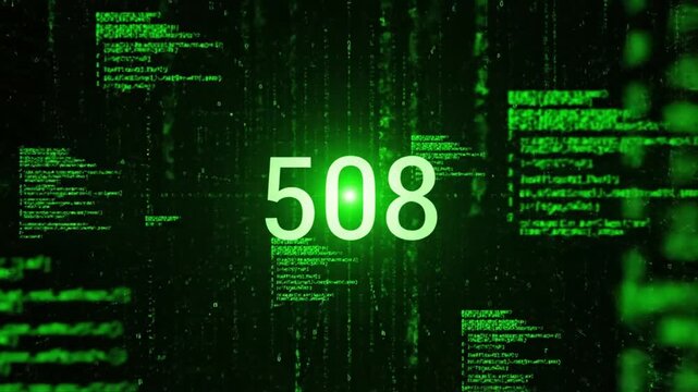 Glowing green code matrix display shows error 508 on dark screen