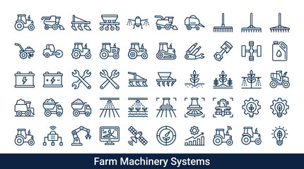 Rural heavy equipment symbols and mechanized land cultivation elements associated with modern agricultural operations represented