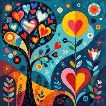 composicion fantastica de adornos florales y corazones con colores alegres y vivos