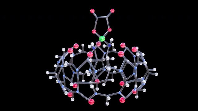 Advanced drug delivery system (DDS): Oxaliplatin chemotherapy molecule docking into Cucurbit[7]uril CB7 cavity and rotating animation - Cellular background 3D render Alpha animation ProRes 4444 XQ.