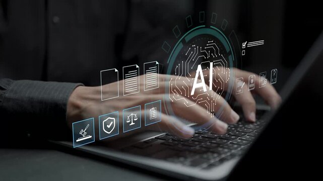 AI compliance and automated legal document review concept. Person using laptop with artificial intelligence and legal compliance icons, automated contract analysis, regulatory monitoring and legal tec