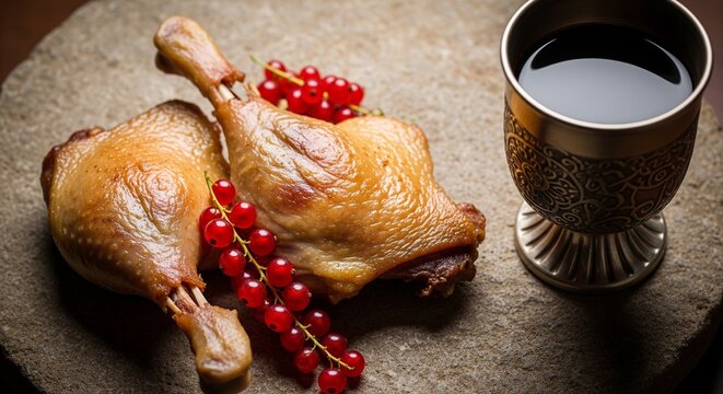 Two crispy duck legs served on a stone plate with red currants and a vintage silver goblet of red wine.