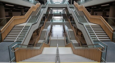 Obraz premium Modern Multi-level Indoor Staircase with Glass Railings in Contemporary Commercial Building
